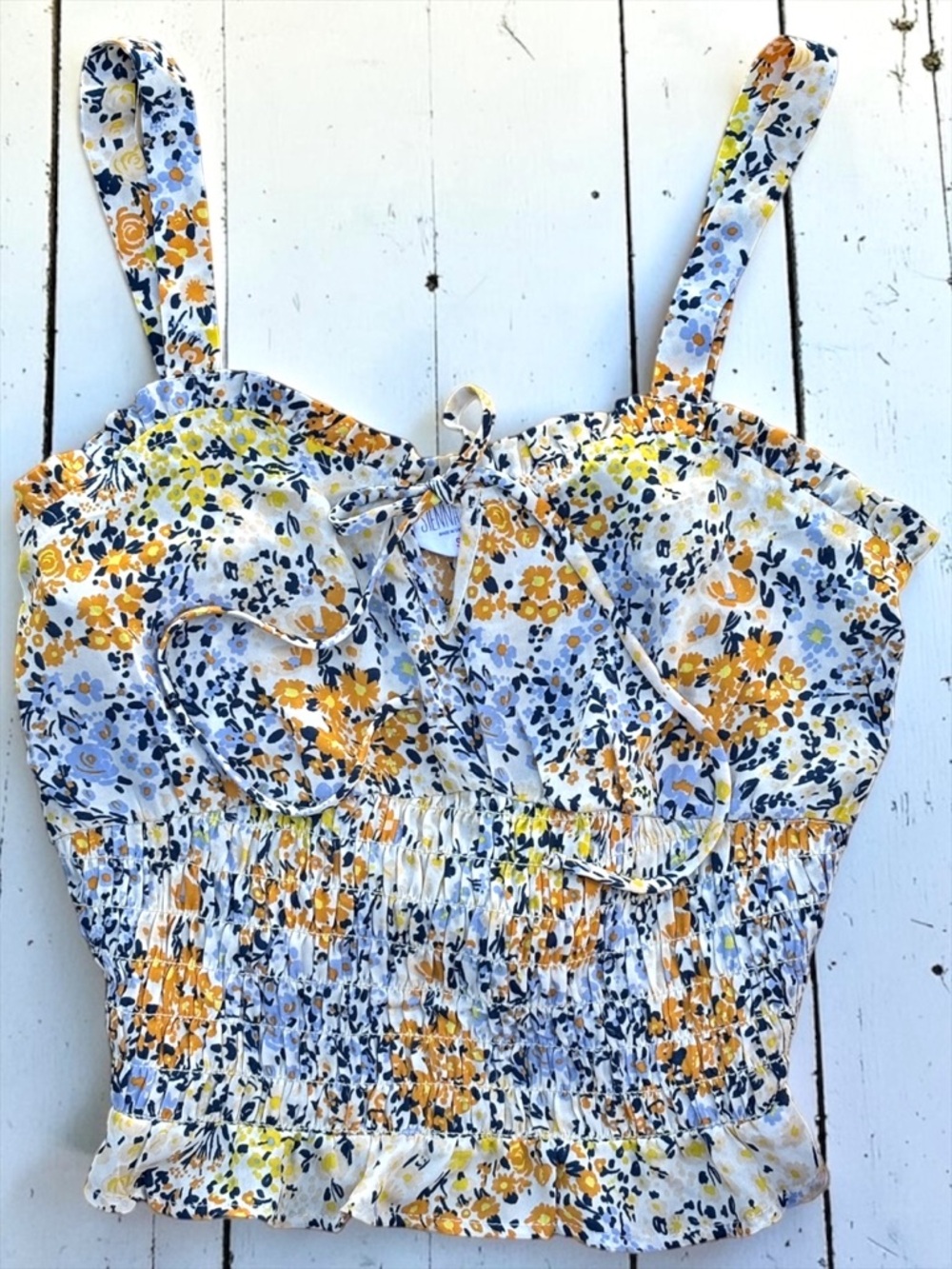 Sienna Sky Yellow Blue Floral Smocked Tank Blouse Tie Front Crop Top Size Small